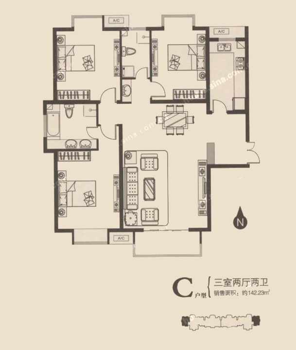 C戶型 三室兩廳兩衛(wèi) 142.23㎡